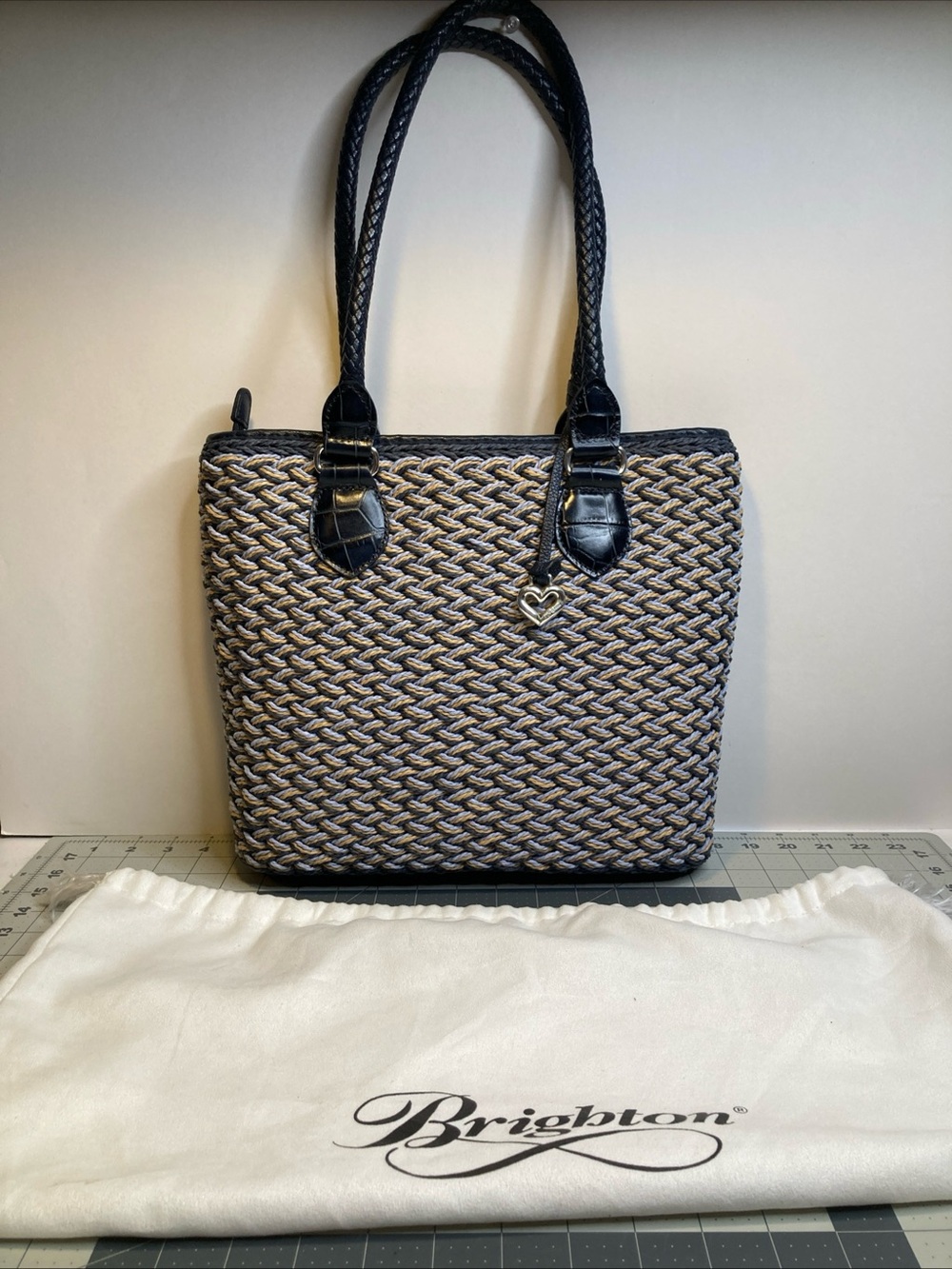 Brighton Woven TriColor Jute Straw Tote Bag Silver Charms Rita Beige Lining